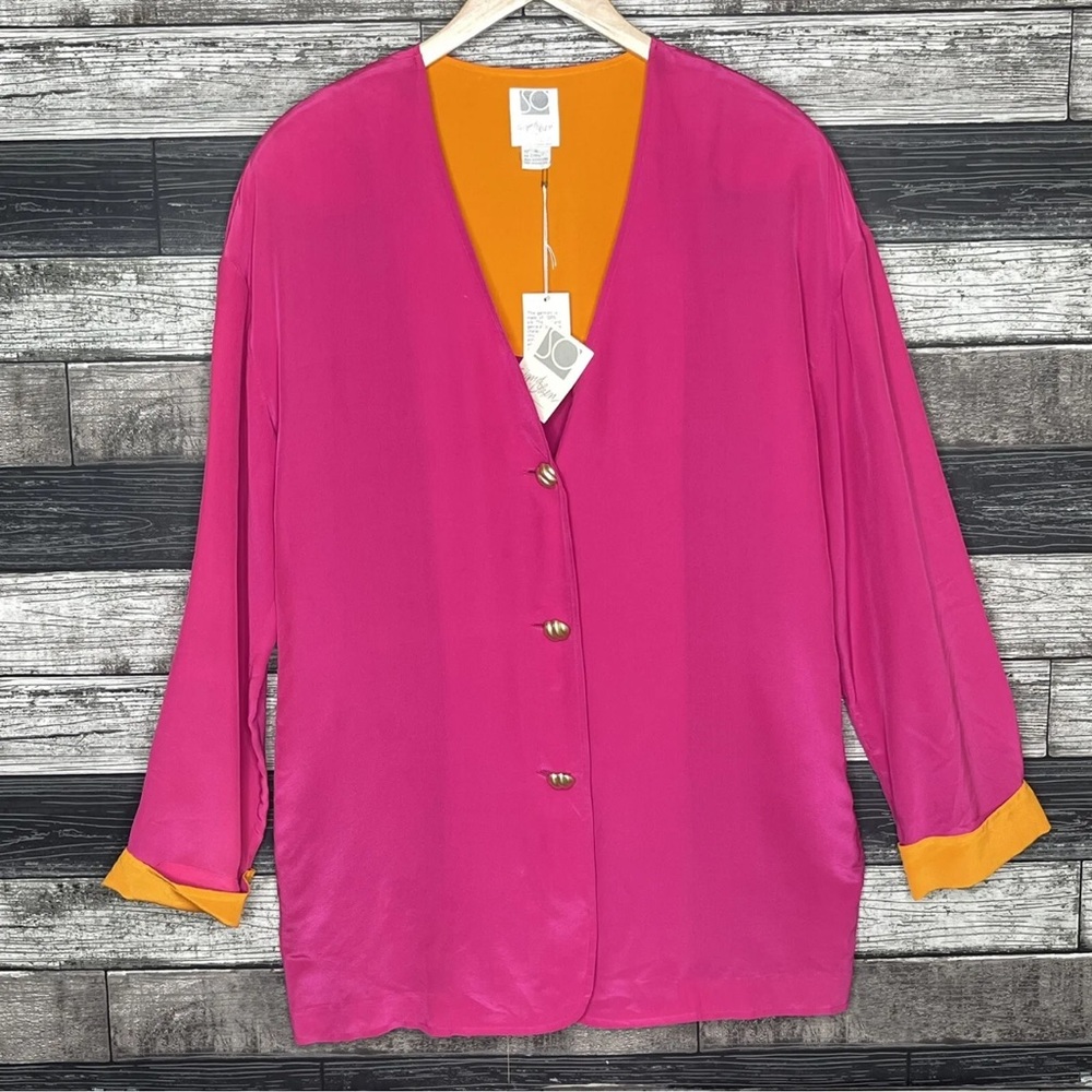 Vintage Sigrid Olsen Silk Blouse Women’s Size 8‎ Pink Orange V-Neck Button NEW